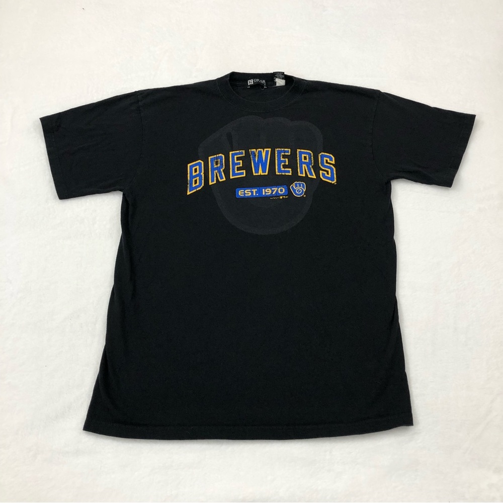 Vintage Gear For Sports Milwaukee Brewers Baseball Glove Black Tee Shirt Mens L